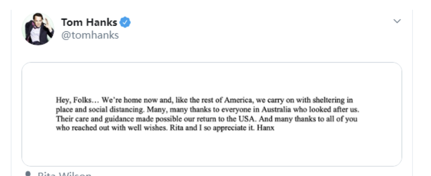 Tweet from Tom Hanks announcing to the world that he and his wife had been diagnosed with COVID-19 and that they were sheltering in Australia 